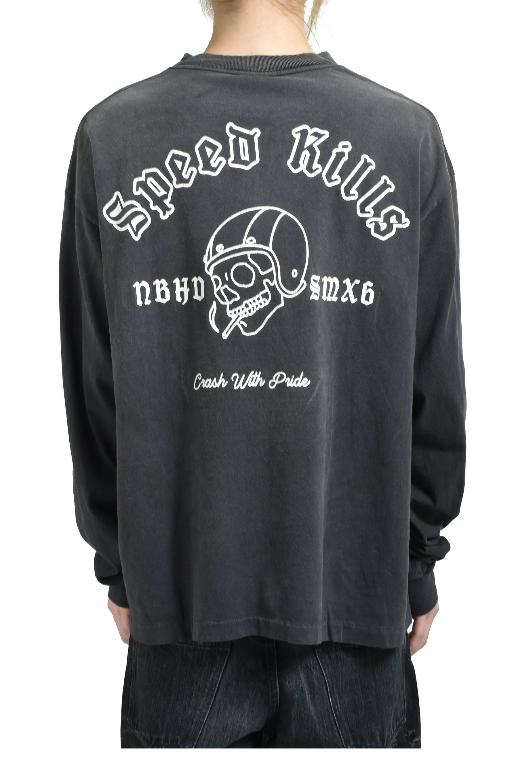 SAINT Mxxxxxx × NEIGHBORHOOD STHD . LS TEE SPEED KILLS/BLK Skull Helmet Long Sleeves Washed Black S-XL Cylindrical Cloth Ready-Made Assute Dyeing Heavy Washing Water Fading Handmade Splashed Ink Holes Simulate Natural Fading and Old Effects Correct Version Customized NBHD Co-branded Accessories Top Purchasing Level